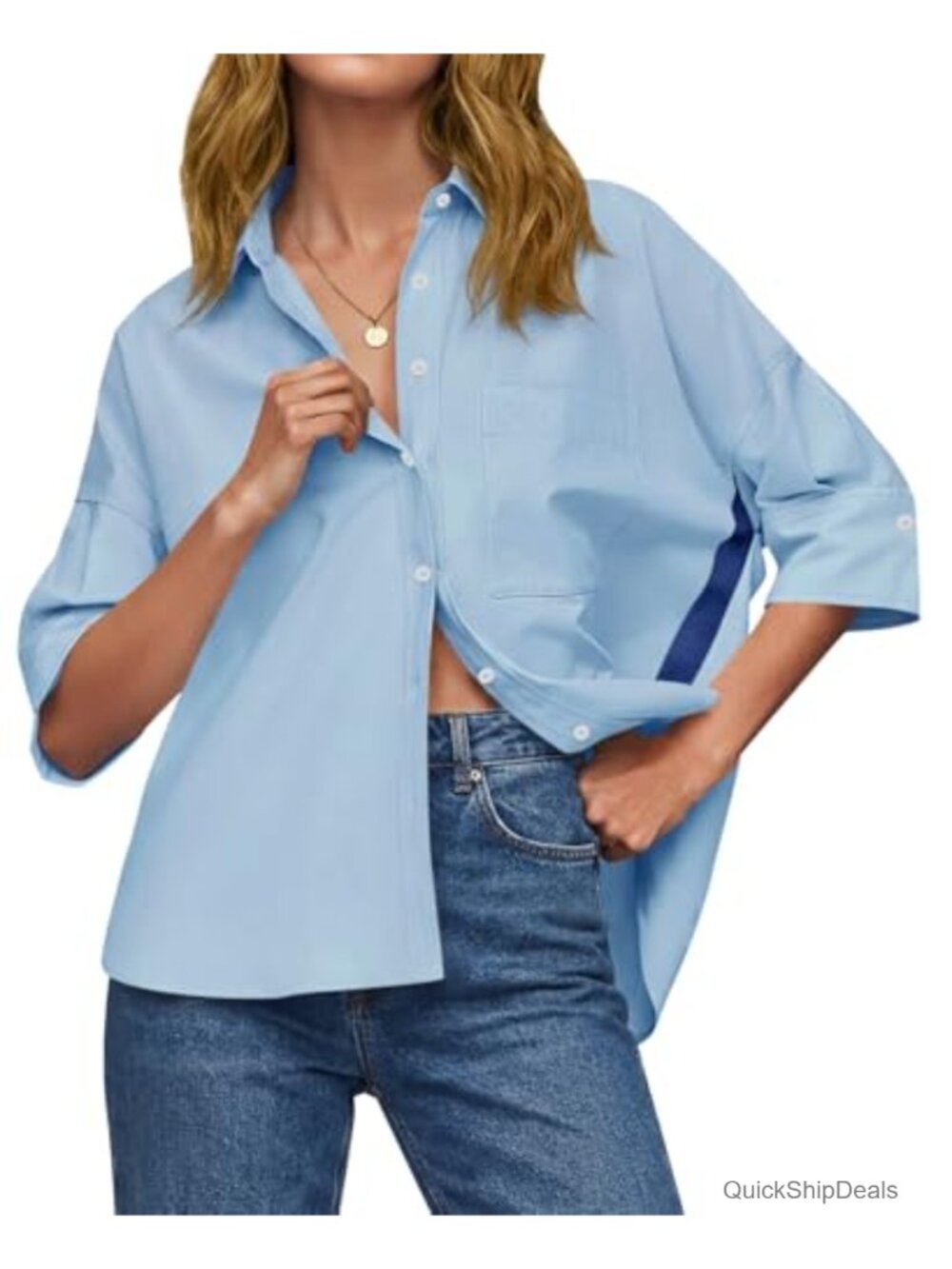 Oversized Button Down Shirt Half Sleeve V Neck Collared Blouse